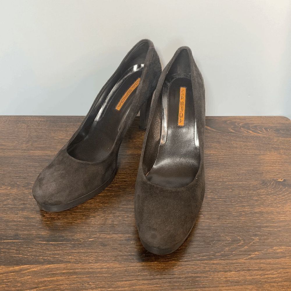 Via Spiga Slip On Almond Toe Suede Stiletto 4" Heel Pump Black & Brown Size 9.5